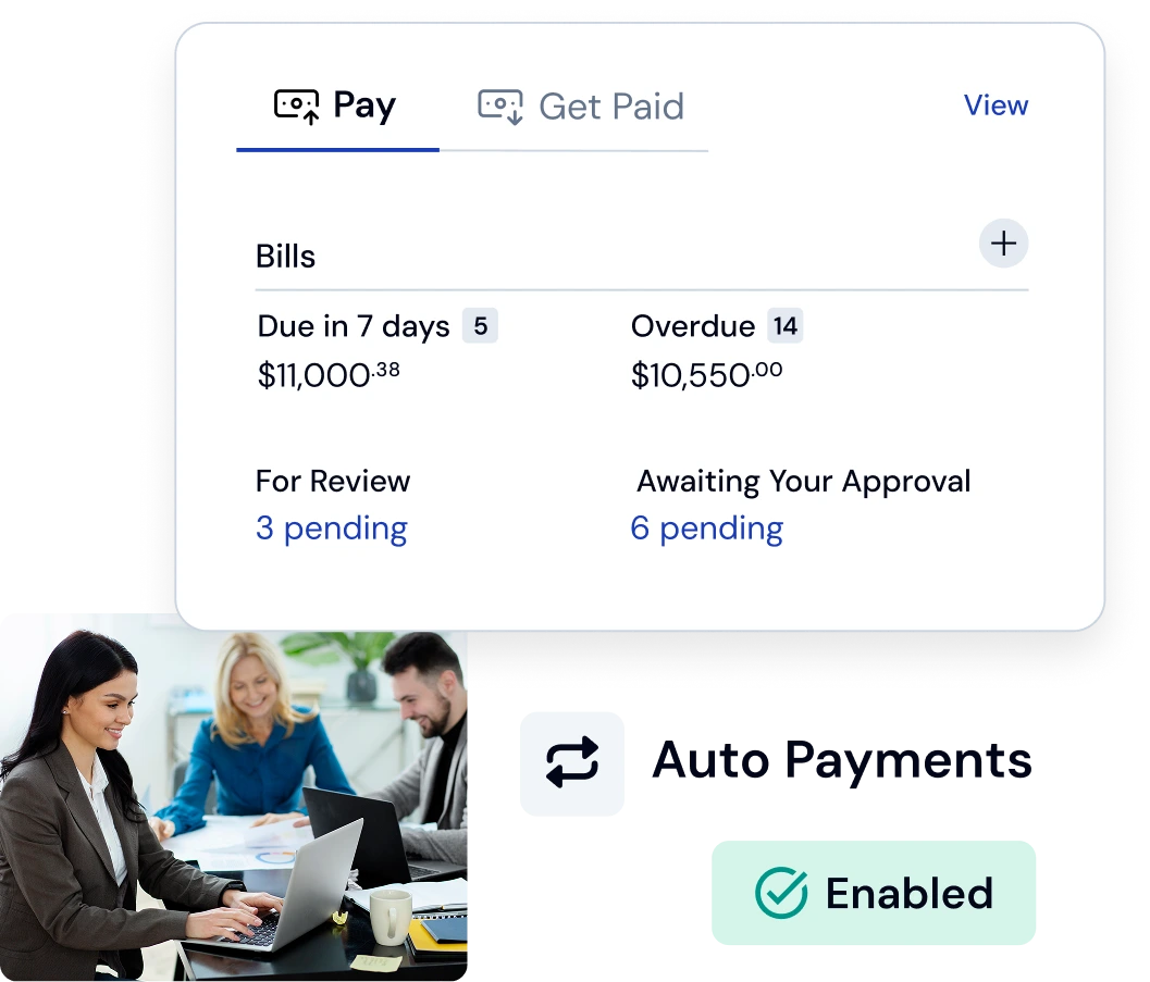 Business professionals checking Forwardly payment overview with autopayment enabled